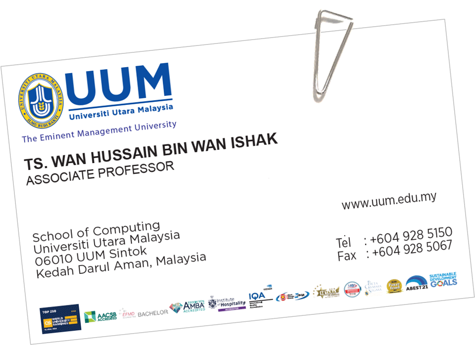 <h1>Assoc. Prof. Ts. Wan Hussain Wan Ishak</h1>School of Computing, Universiti Utara Malaysia, Email: hussain@uum.edu.my, URL: http://wanhussain.com